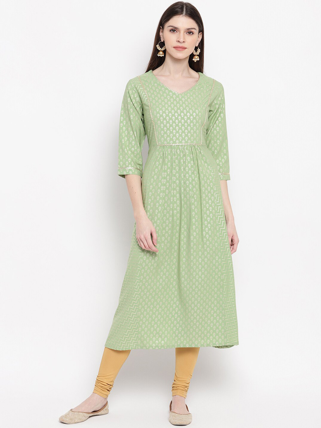 

Janasya Women Green & Golden Printed Gotta Patti A-Line Kurta