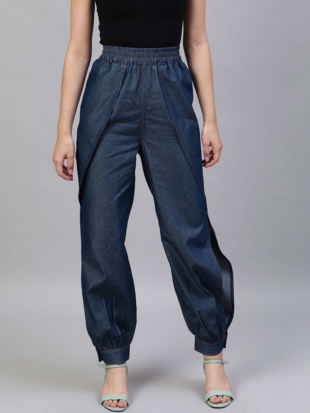 

STREET 9 Women Blue Regular Fit Solid Denim Cotton Joggers