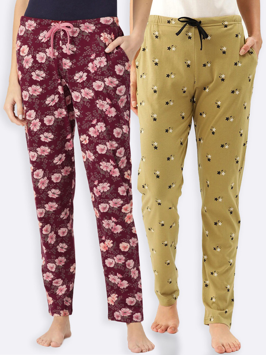 

Kanvin Women Pack of 2 Printed Pure Cotton Lounge Pants, Maroon