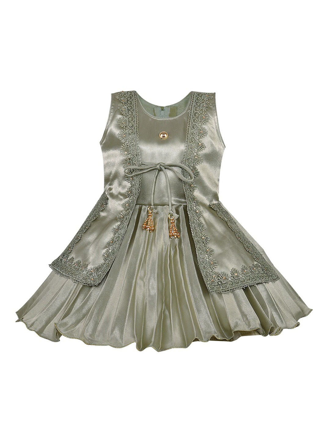 

Wish Karo Girls Green Embroidered Accordion Pleat Fit and Flare Dress