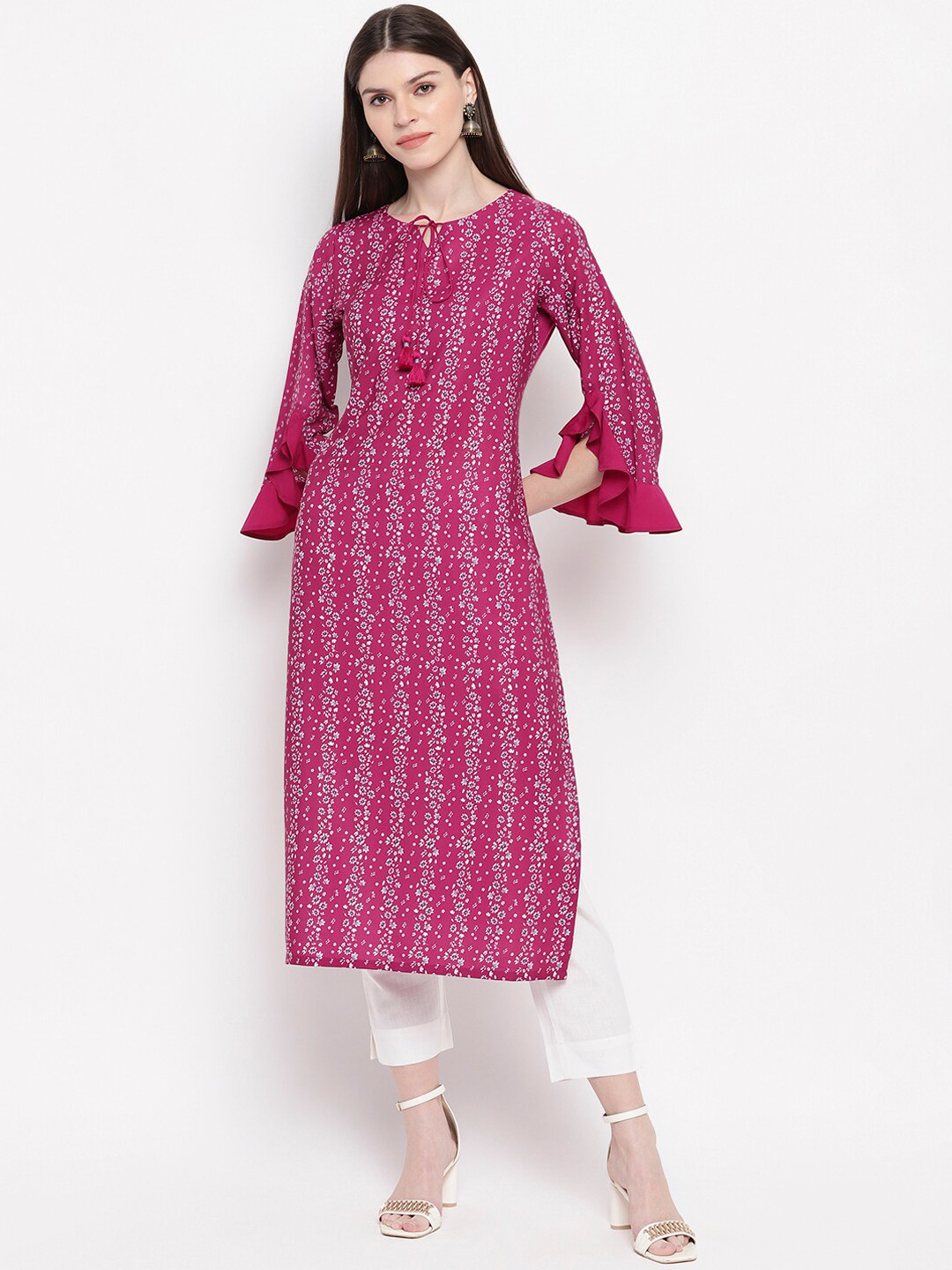 

Janasya Women Pink & White Floral Printed Flared Sleeves Stright Kurta