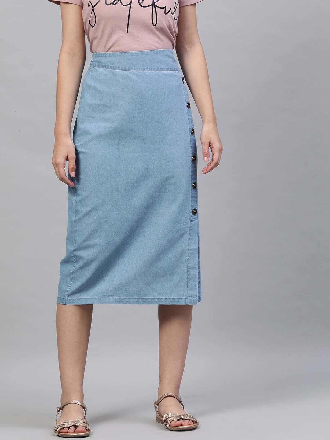 

STREET 9 Blue Midi Pure Cotton Denim Straight Skirt