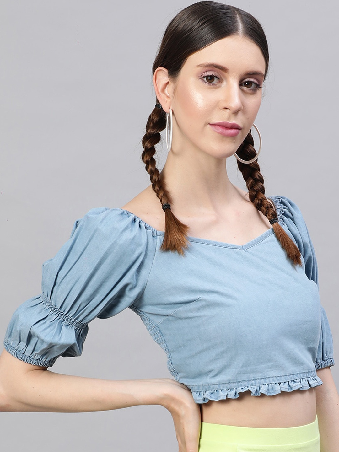 STREET 9 Blue Pure Cotton Smocked Denim Fitted Crop Top