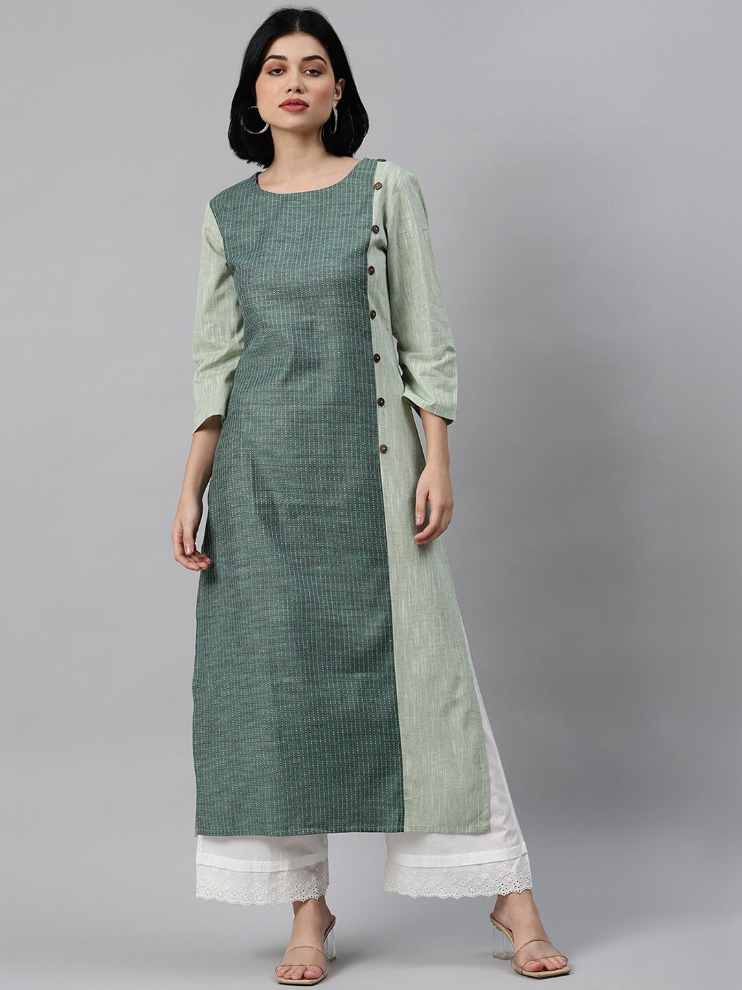 

Varanga Women Green Striped Thread Work Cotton Straight Kurta