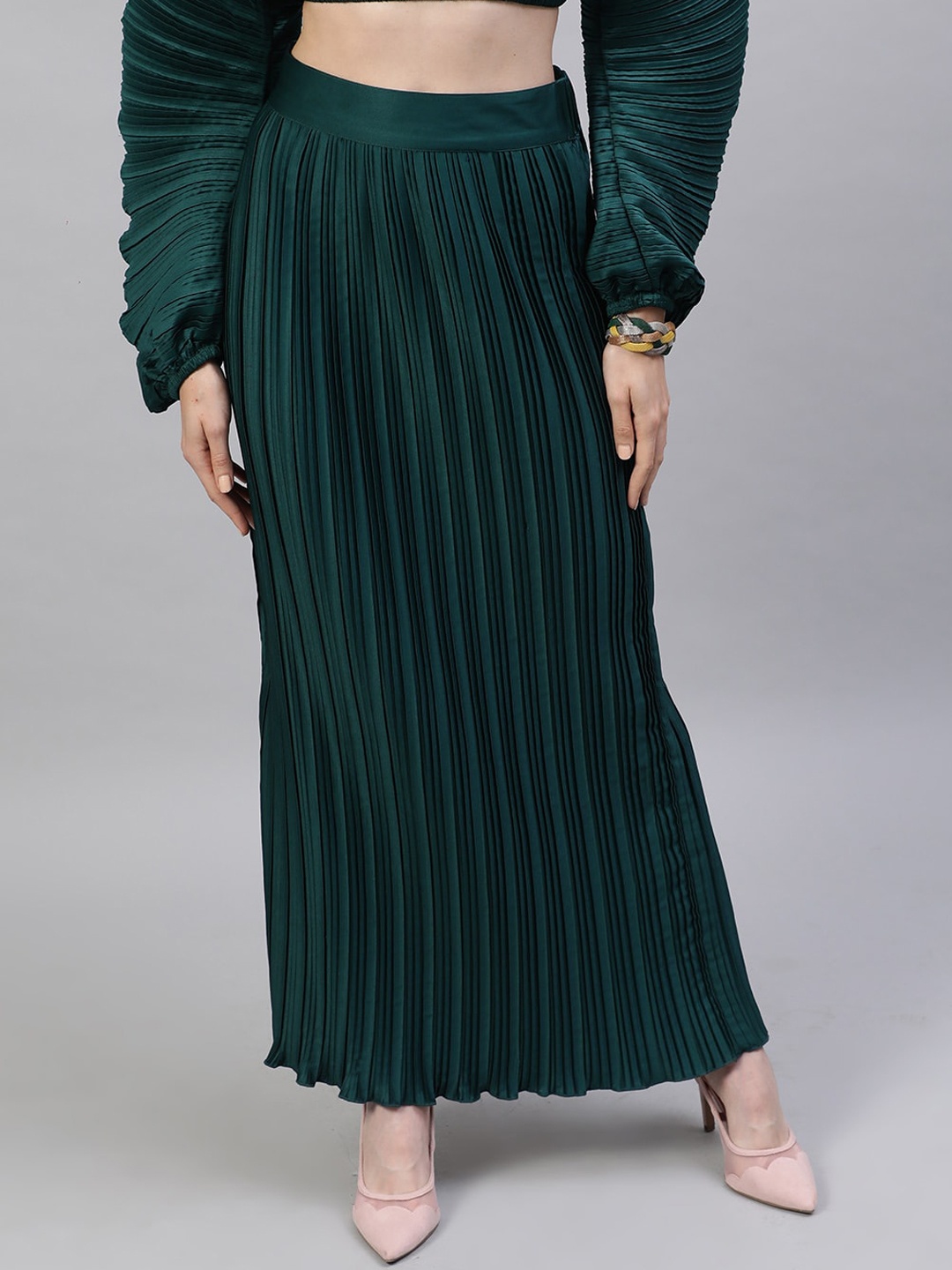 

STREET 9 Women Green Solid Satin Finish Accordion Pleated Maxi A-Line Skirt