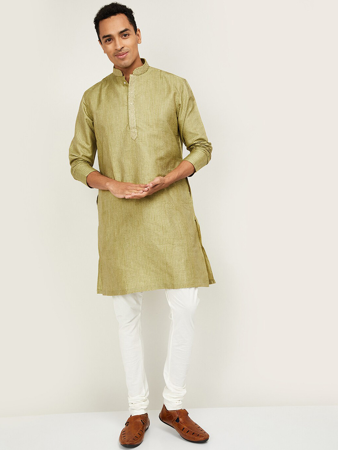 

Melange by Lifestyle Men Pure Cotton Green Woven Design Kurta