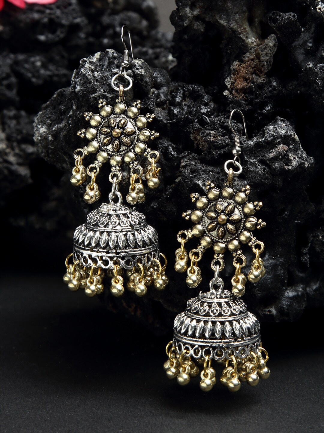 

NEUDIS Gold-Toned & Silver-Toned Oxidised Antique Dome Shaped Jhumkas