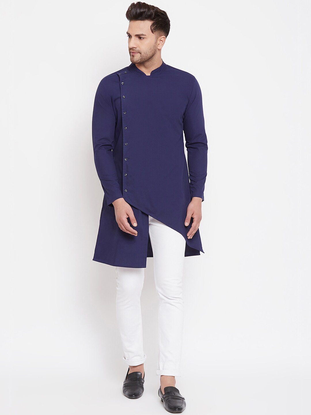 

Hypernation Men Navy Blue Pure Cotton Indigo Angrakha Kurta