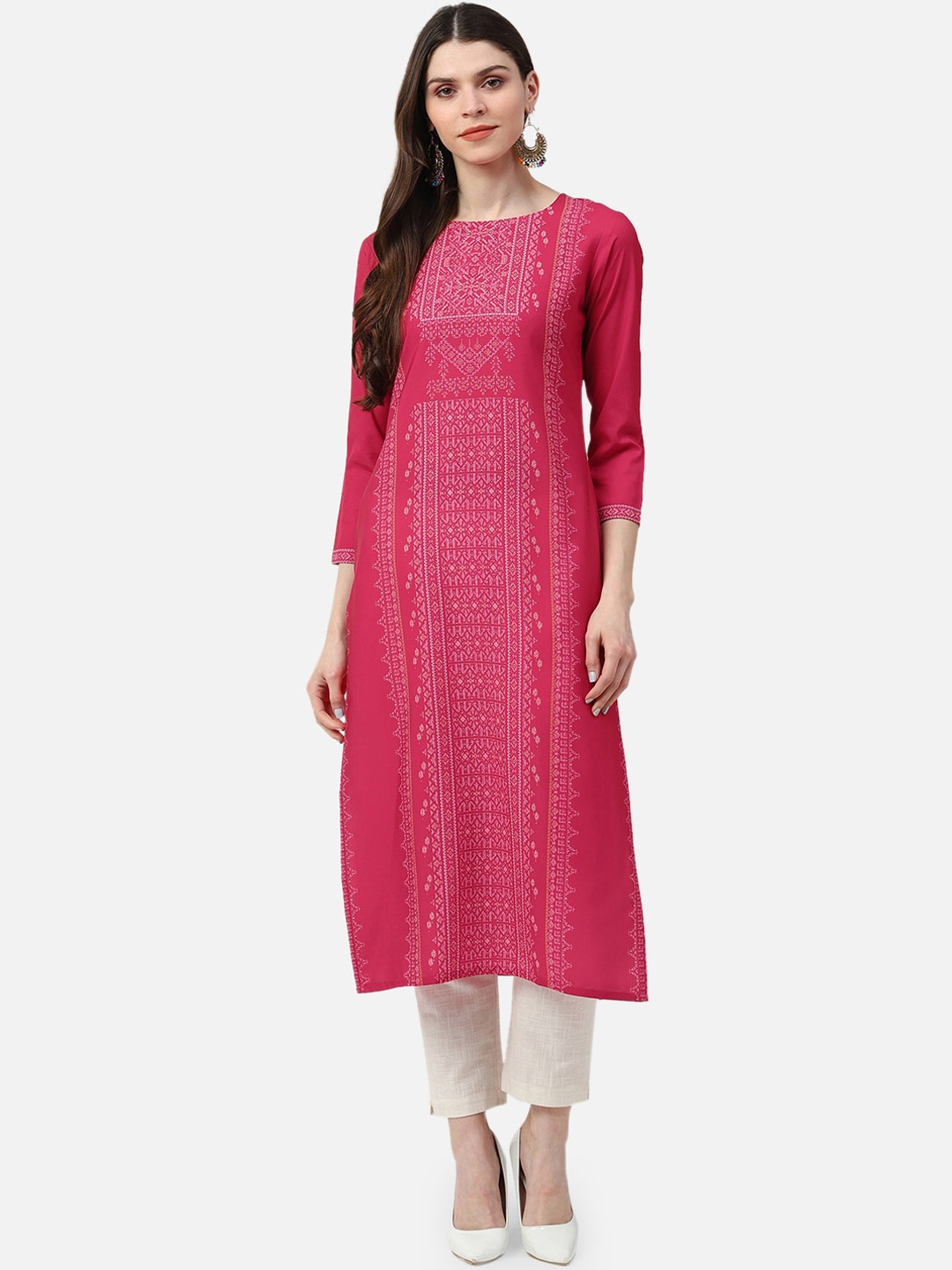 

AHIKA Women Pink & White Geometric Printed Straight Kurta