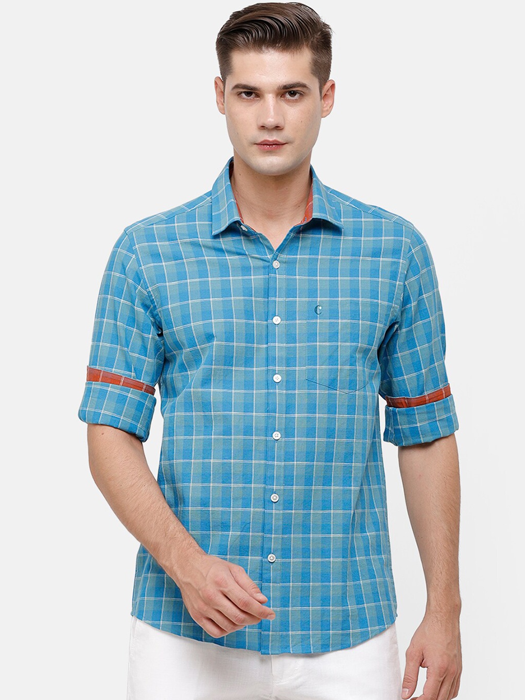 

CAVALLO by Linen Club Men Blue & White Regular Fit Checked Linen-Cotton Casual Shirt
