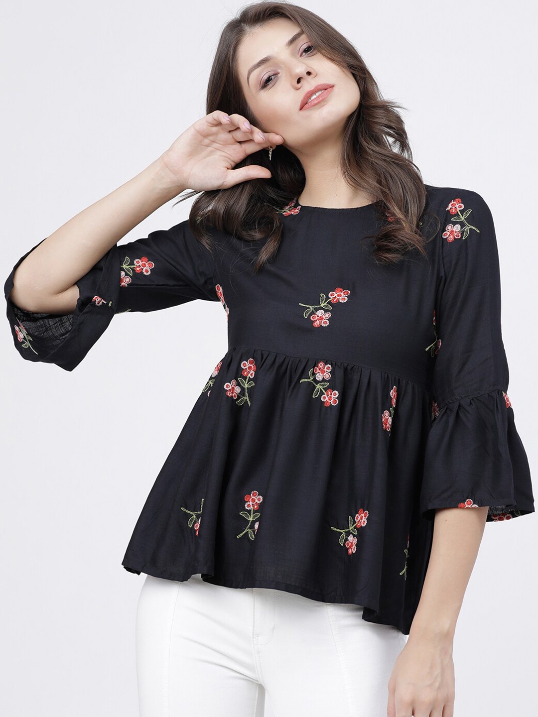 

Tokyo Talkies Black & Red Floral Embroidered Bell Sleeves Empire Top