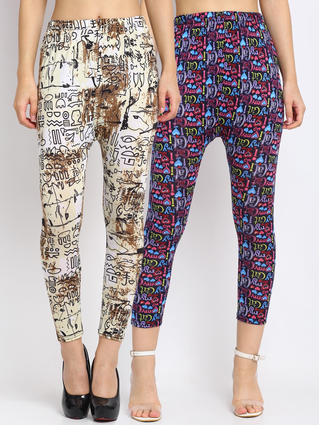 

NEUDIS Women Pack of 2 Printed Skinny Fit Ankle Length Crop Leggings, Multi