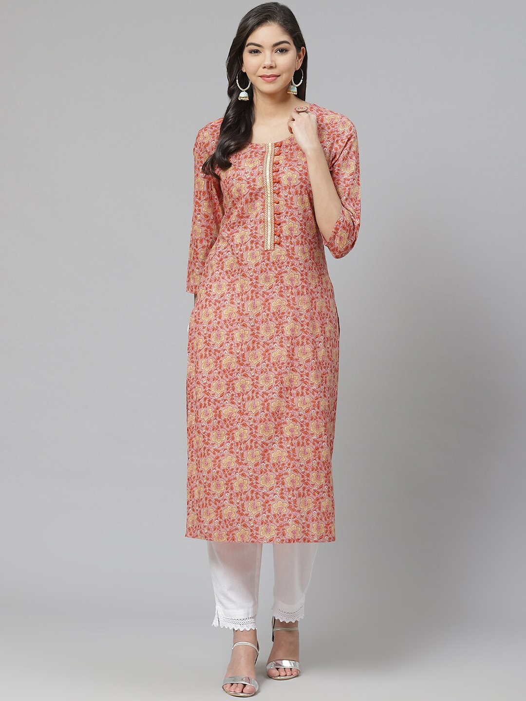 

PIROH Women Peach-Coloured & Red Ethnic Motifs Printed Kurta