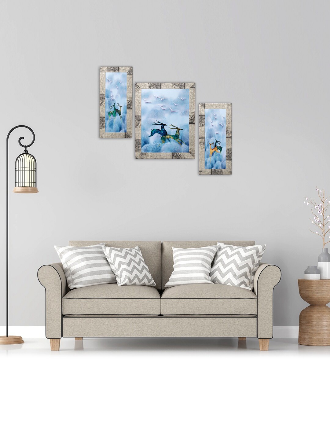 

Indianara Set of 3 Blue & White Digitally Printed Dear Pair Wall Arts