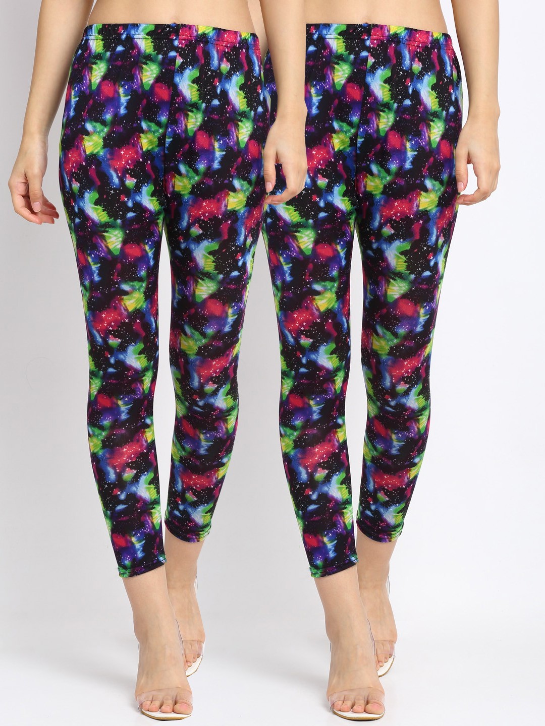 

NEUDIS Women Pack of 2 Blue & Pink Printed Skinny Fit Ankle Length Crop Leggings