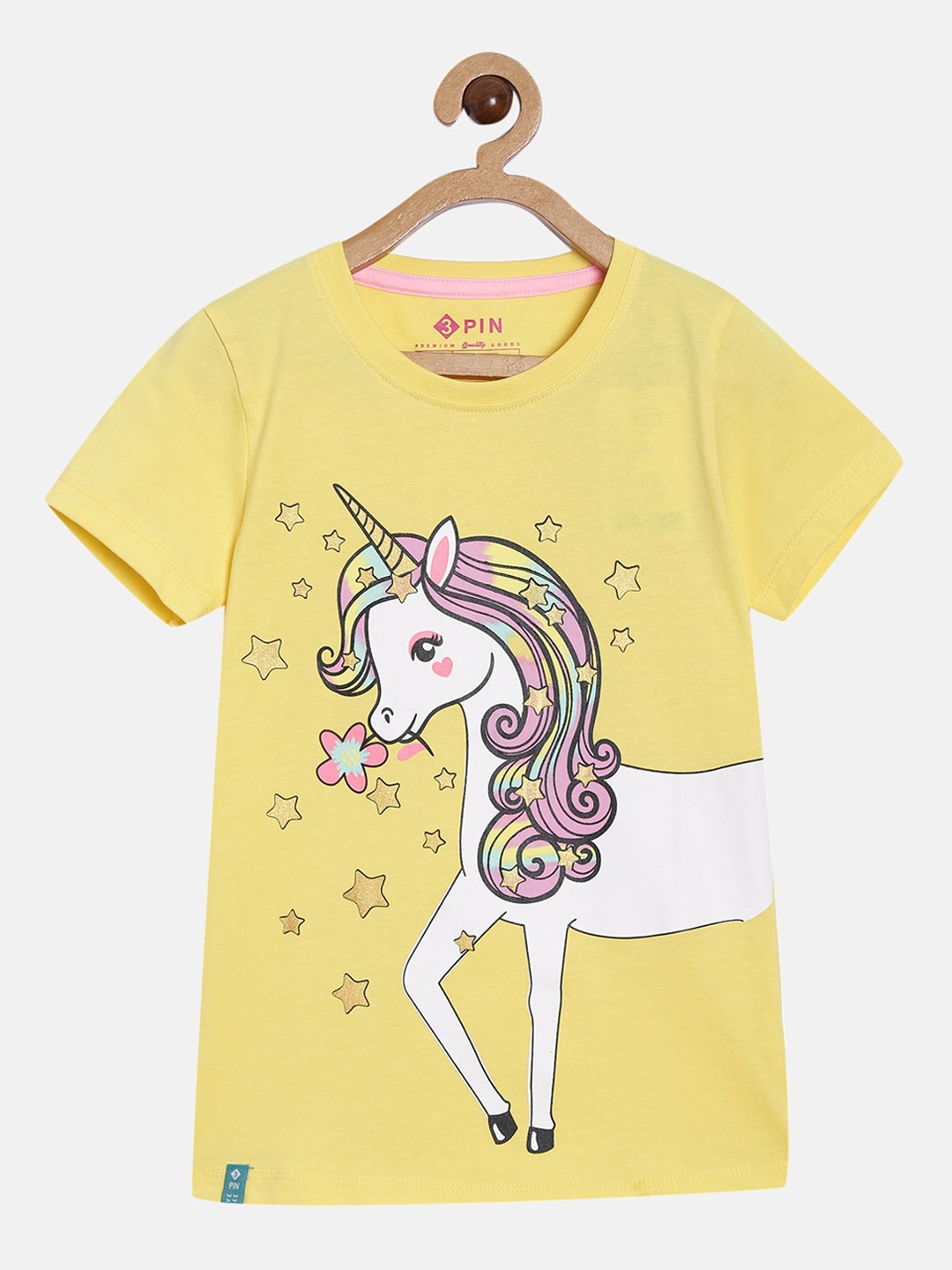 3PIN Girls Yellow Printed Round Neck T-shirt