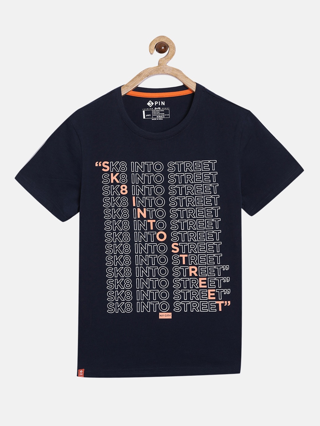3PIN Boys Navy Blue Printed Round Neck T-shirt