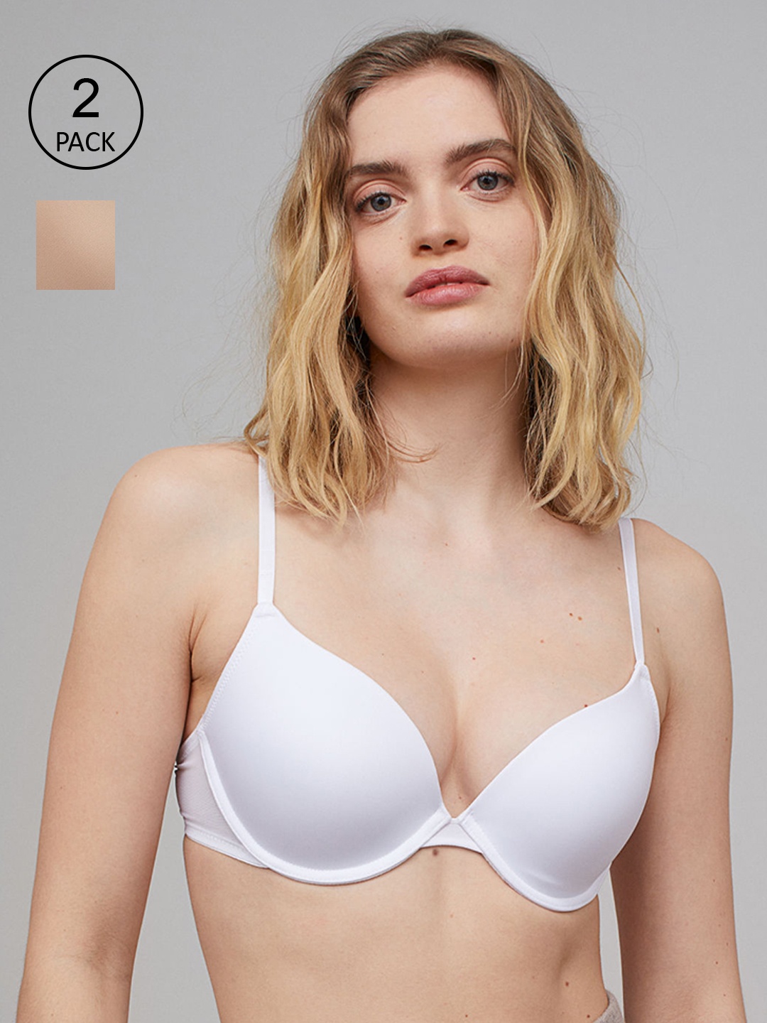 

H&M Women White & Beige 2-Pack Microfibre Push-Up Bras 0506098022