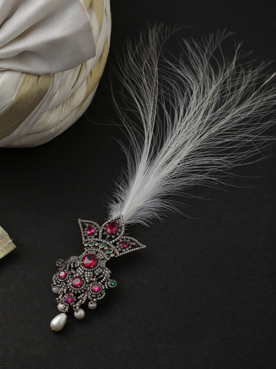 COSA NOSTRAA Men Gold-Toned & Pink Antique Stone Studded Maharaja Kalangi