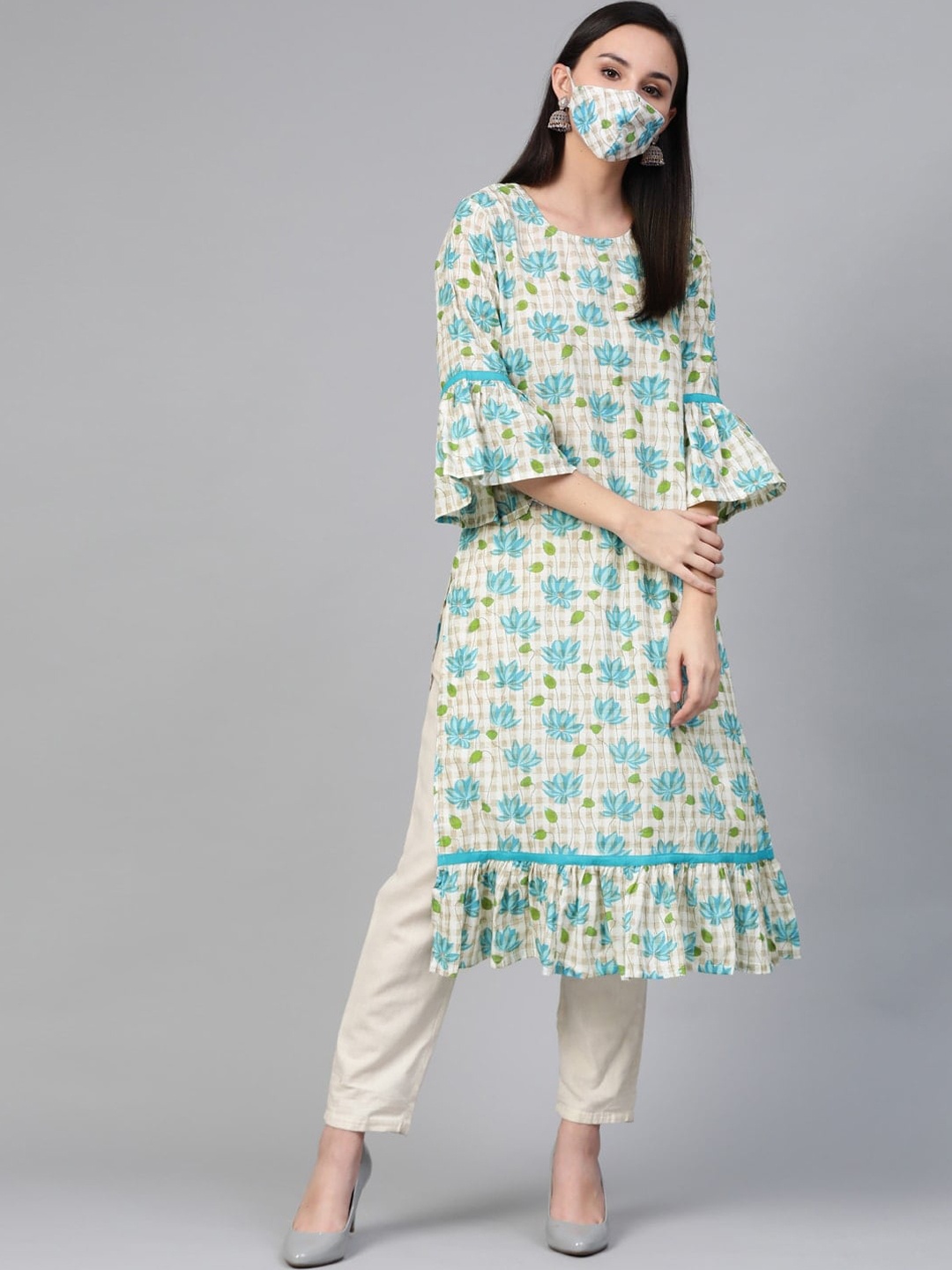 

Sringam Women White & Beige Floral Printed Straight Kurta