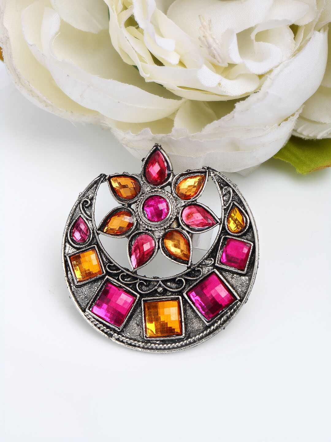

YouBella Silver-Plated Pink & Yellow Stone-Studded Afgan Adjustable Finger Ring