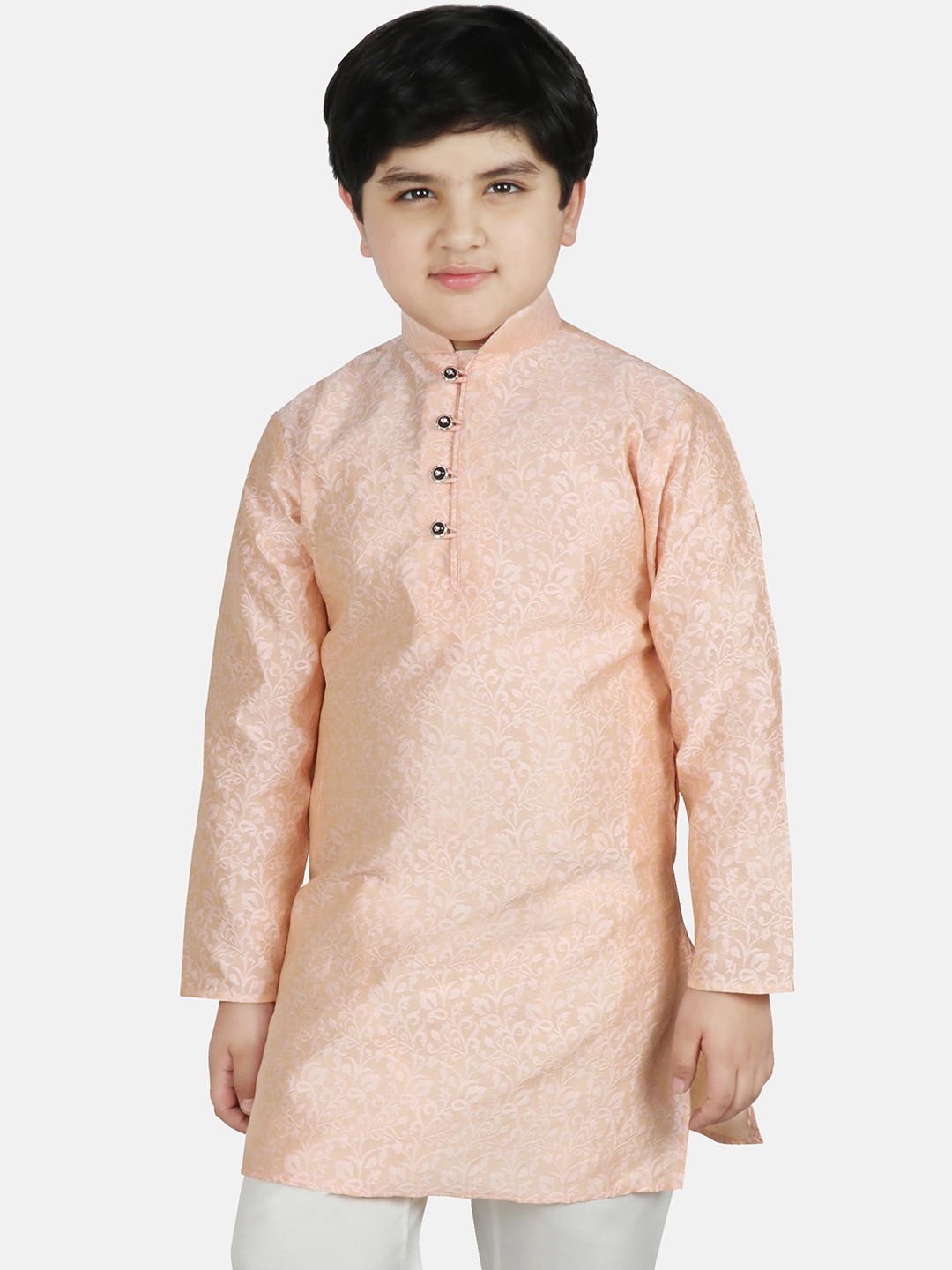 

SG YUVRAJ Boys Pink Ethnic Motifs Satin Brocade Satin Kurta