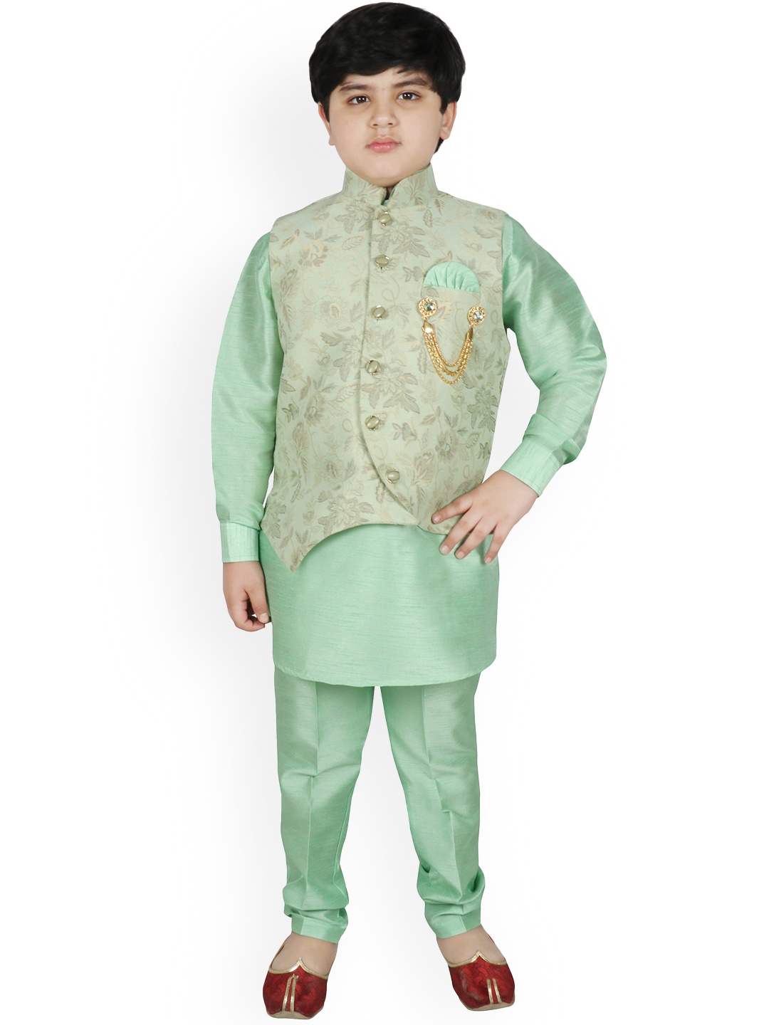

SG YUVRAJ Boys Green & Beige Solid Kurta with Churidar