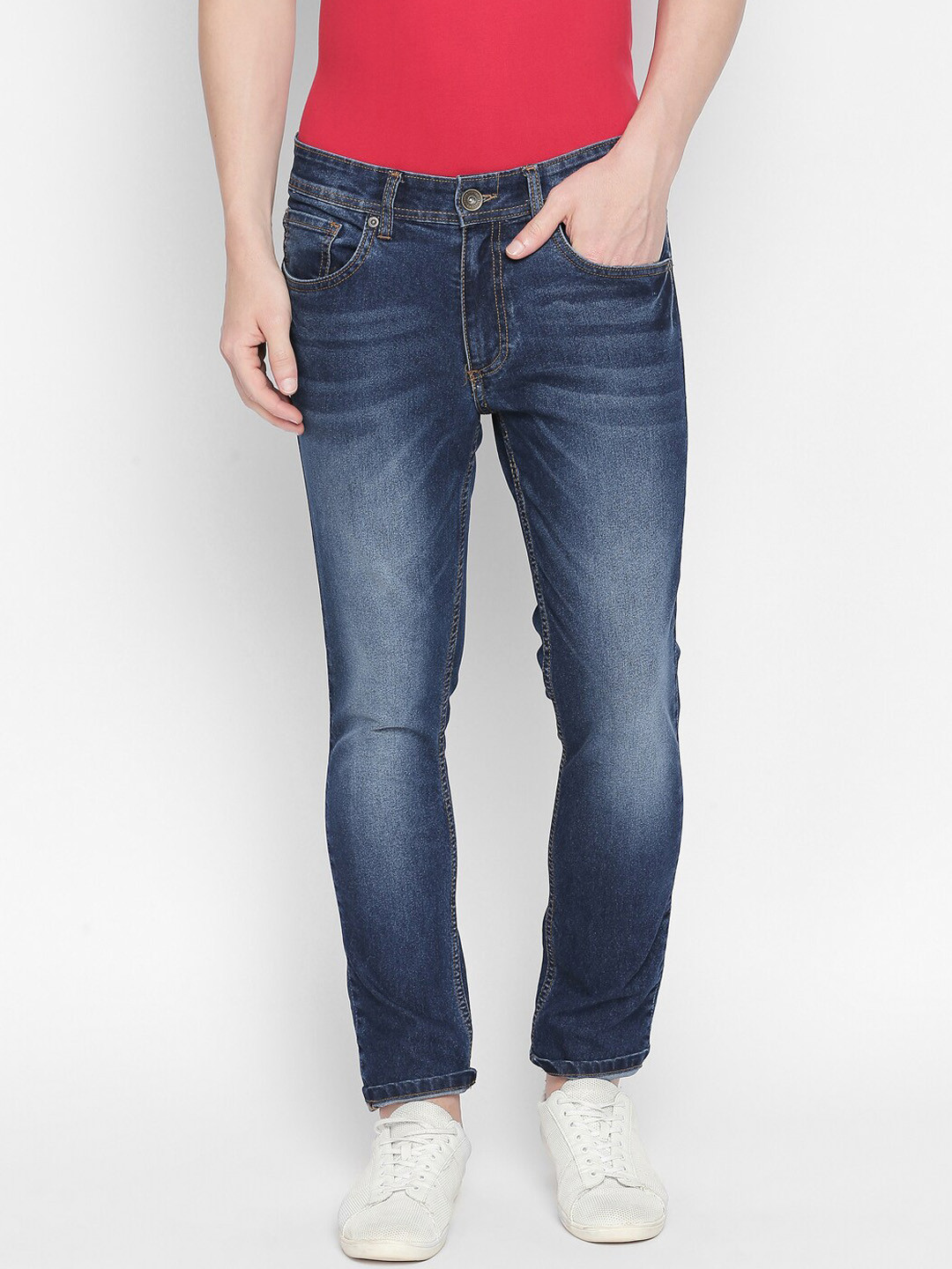 

Basics Men Navy Blue Skinny Fit Low-Rise Low Distress Stretchable Jeans
