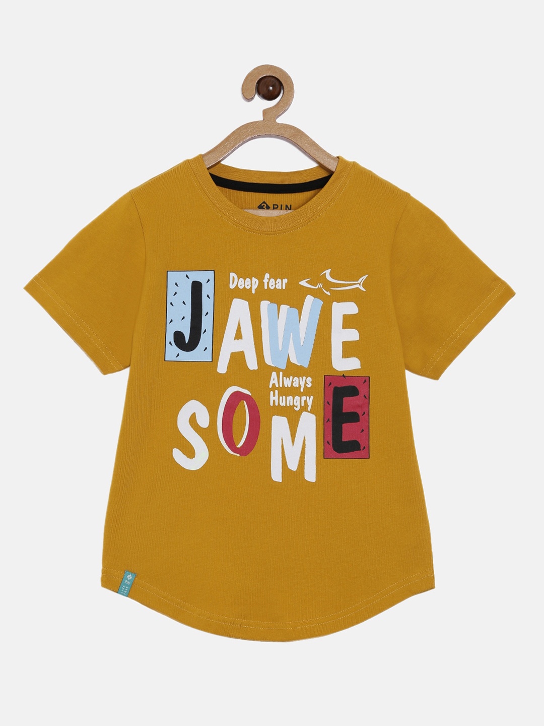 3PIN Boys Mustard Yellow Printed Round Neck Cotton Pure Cotton T-shirt