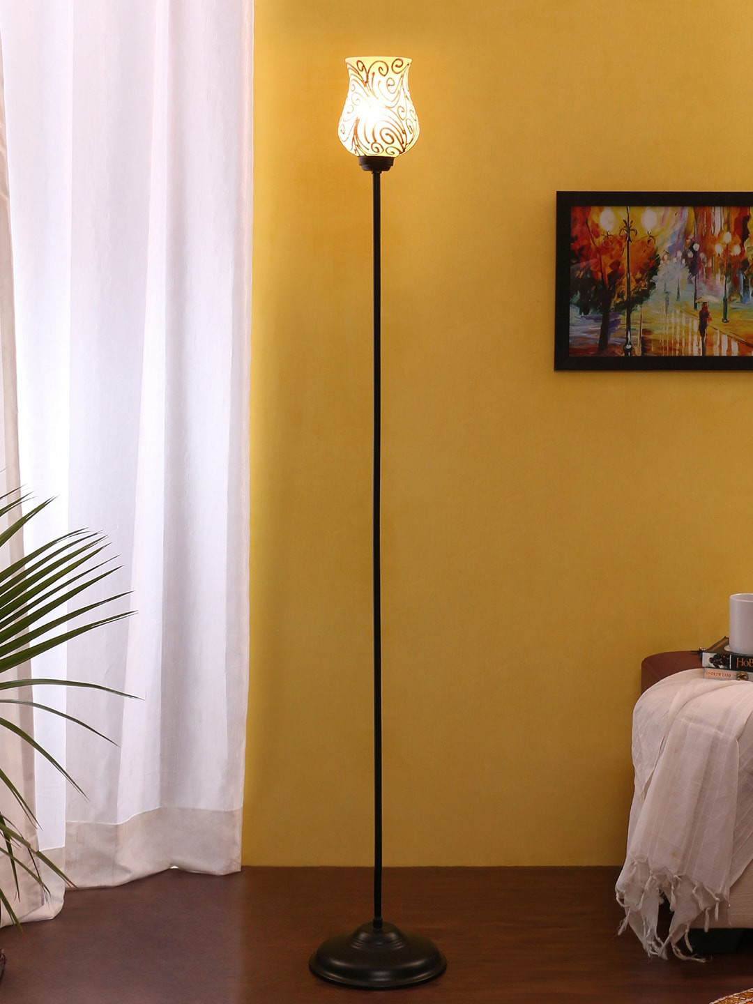 

Devansh White & Gold-Toned Textured Traditional Torchiere Lamp with Shade