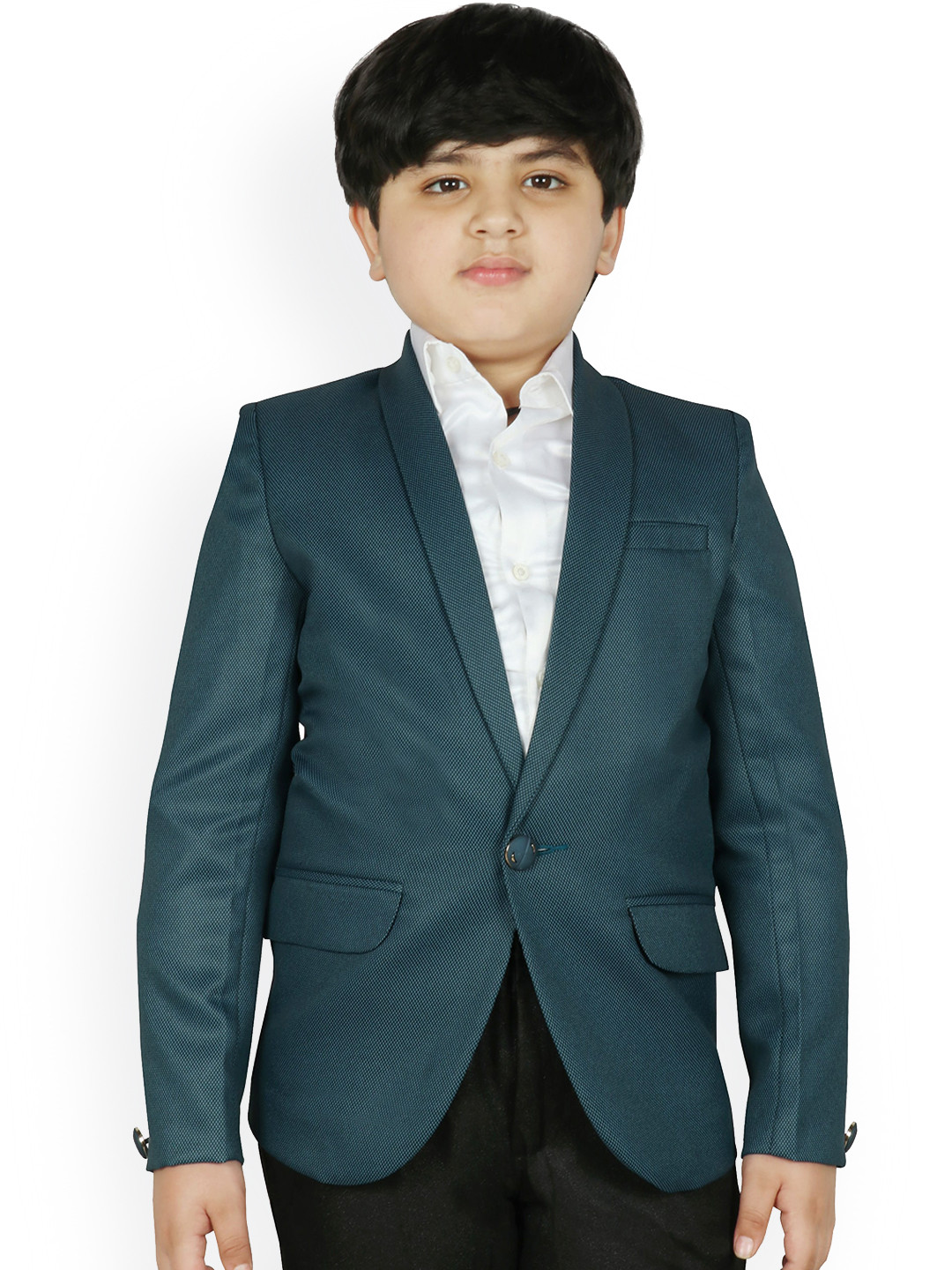 

SG YUVRAJ Boys Turquoise Blue Self Design Single Breasted Blazer