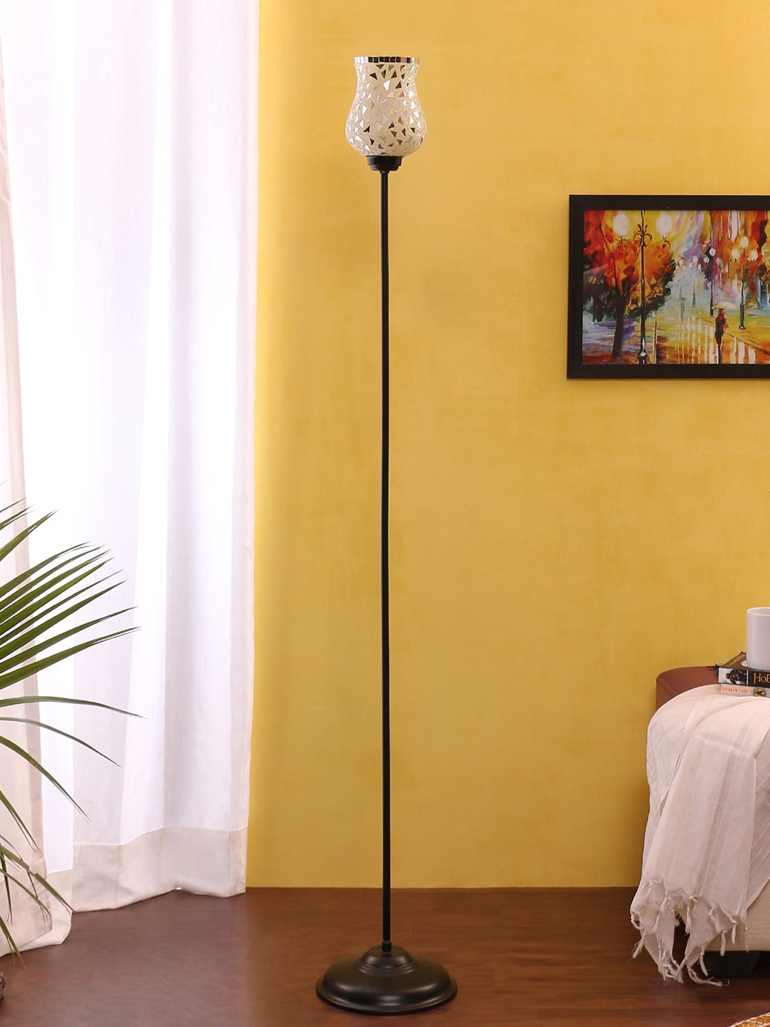 

Devansh White & Silver-Toned Textured Traditional Torchiere Lamp with Shade