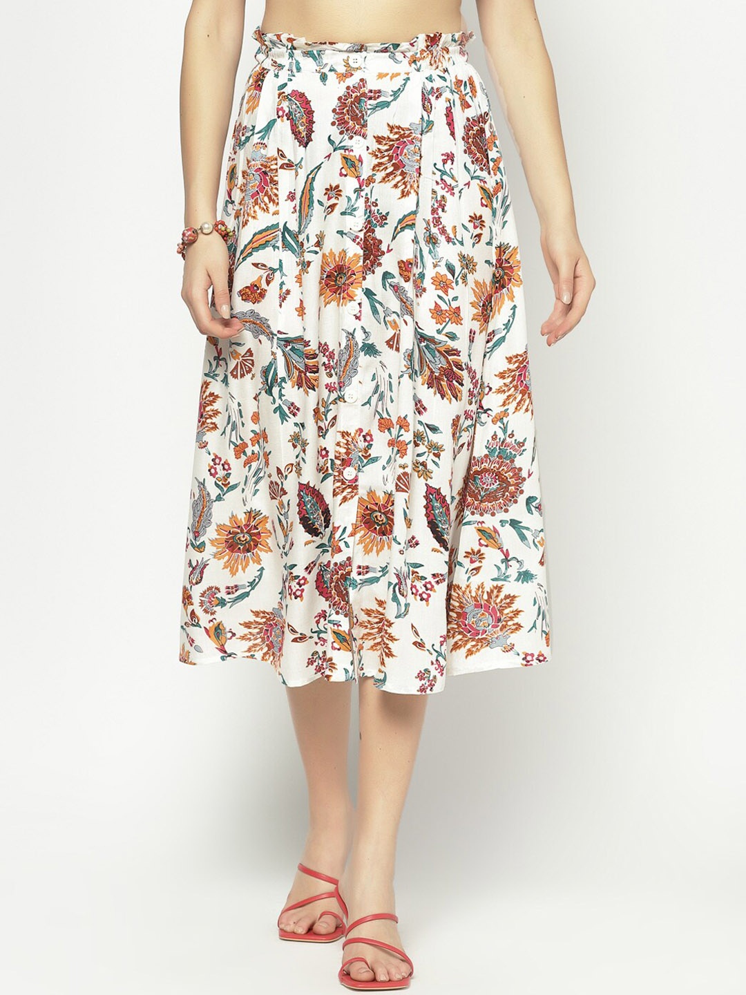 Sera Women Off White & Maroon Printed Flared Midi Skirt