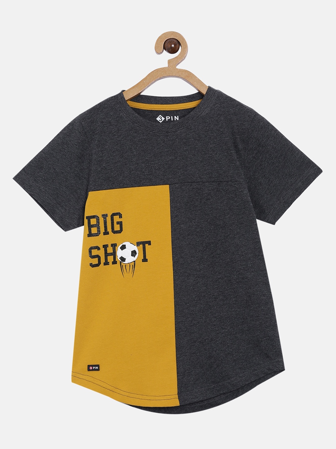 3PIN Boys Charcoal Colourblocked Round Neck T-shirt