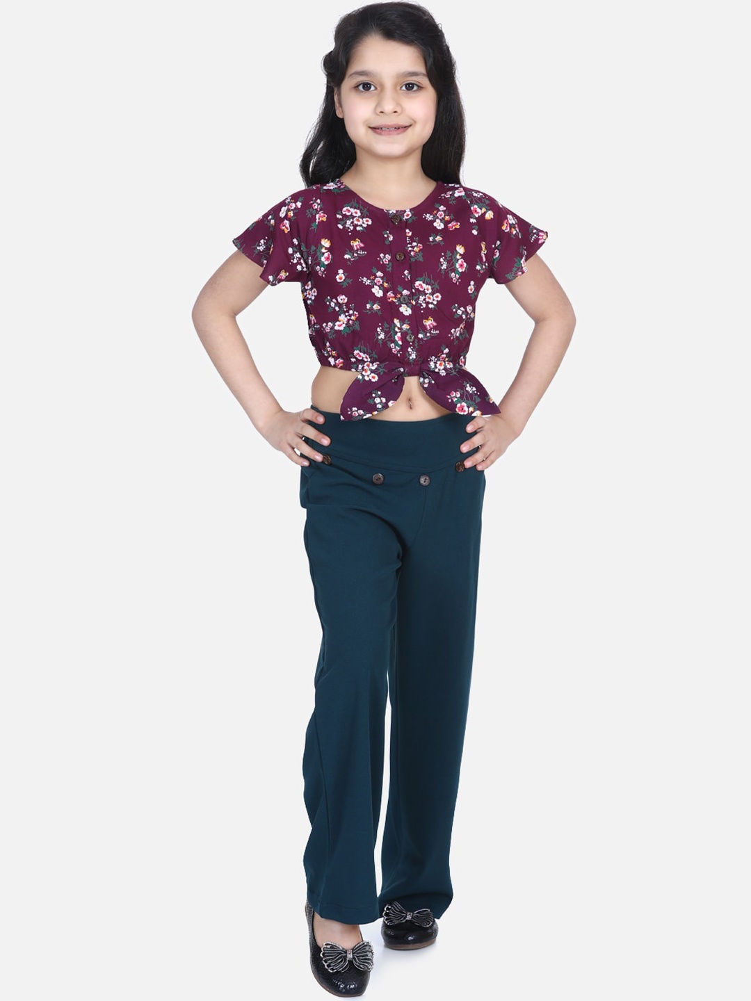 

LilPicks Girls Burgundy & Green Printed Top with Trousers