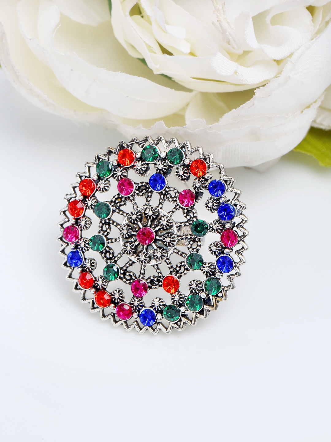 

YouBella Silver-Plated Green & Orange Stone-Studded Afghan Adjustable Finger Ring