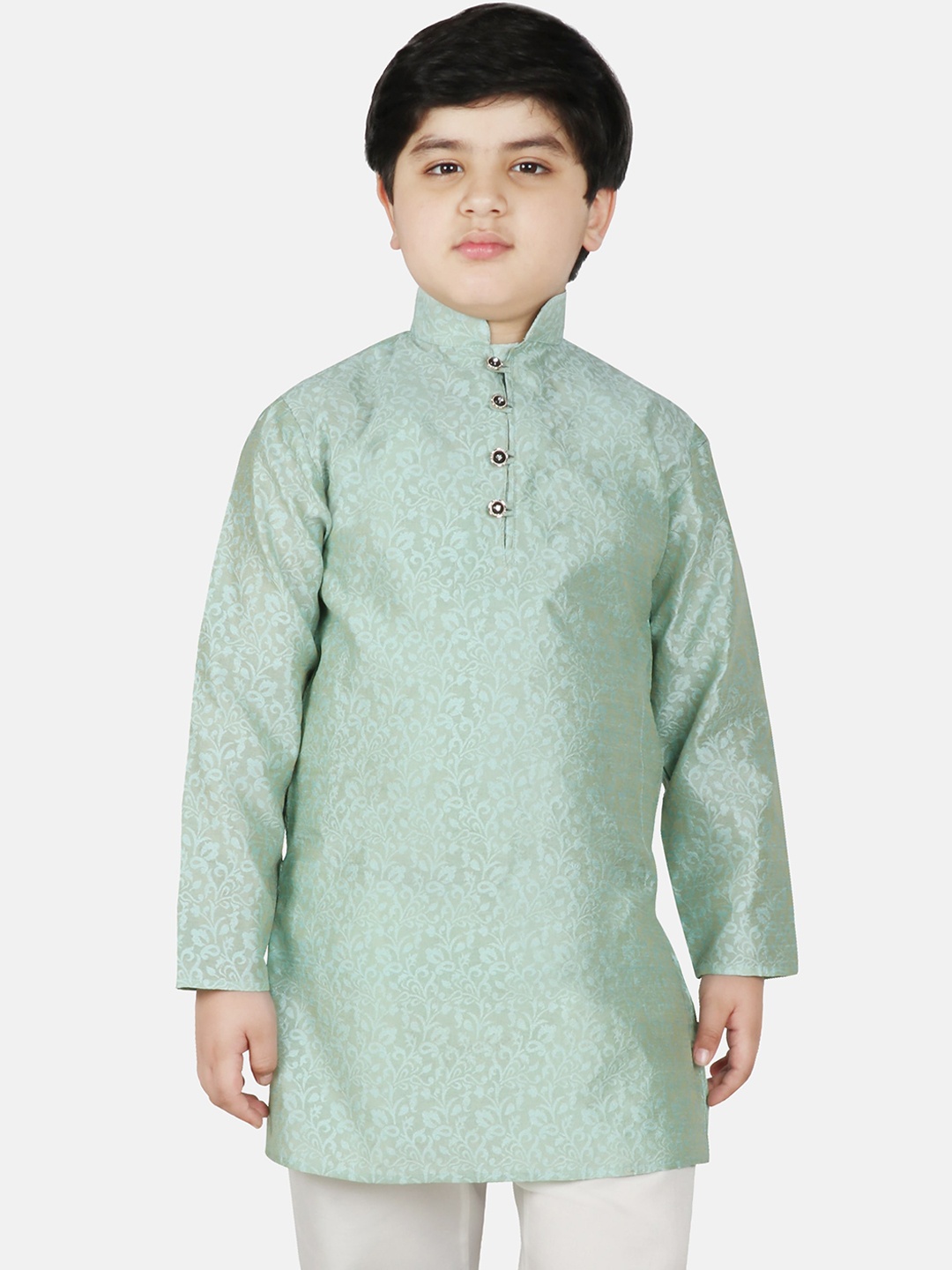

SG YUVRAJ Boys Turquoise Blue Ethnic Motifs Satin Brocade Satin Kurta