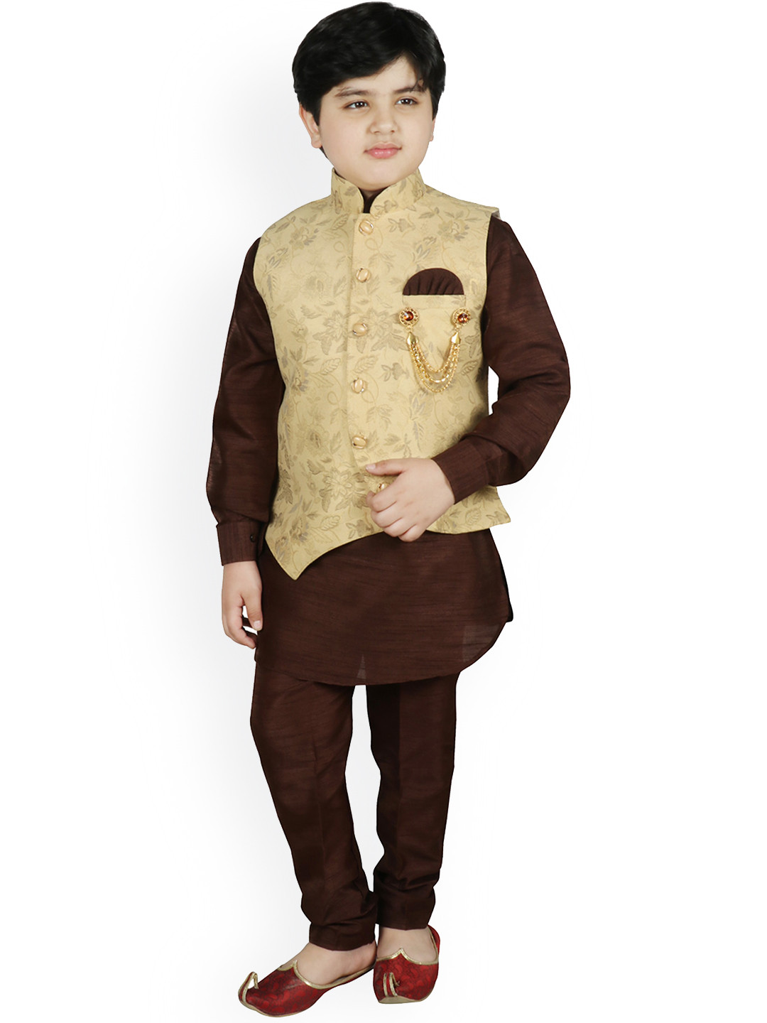 

SG YUVRAJ Boys Brown & Gold-Toned Solid Kurta with Pyjamas