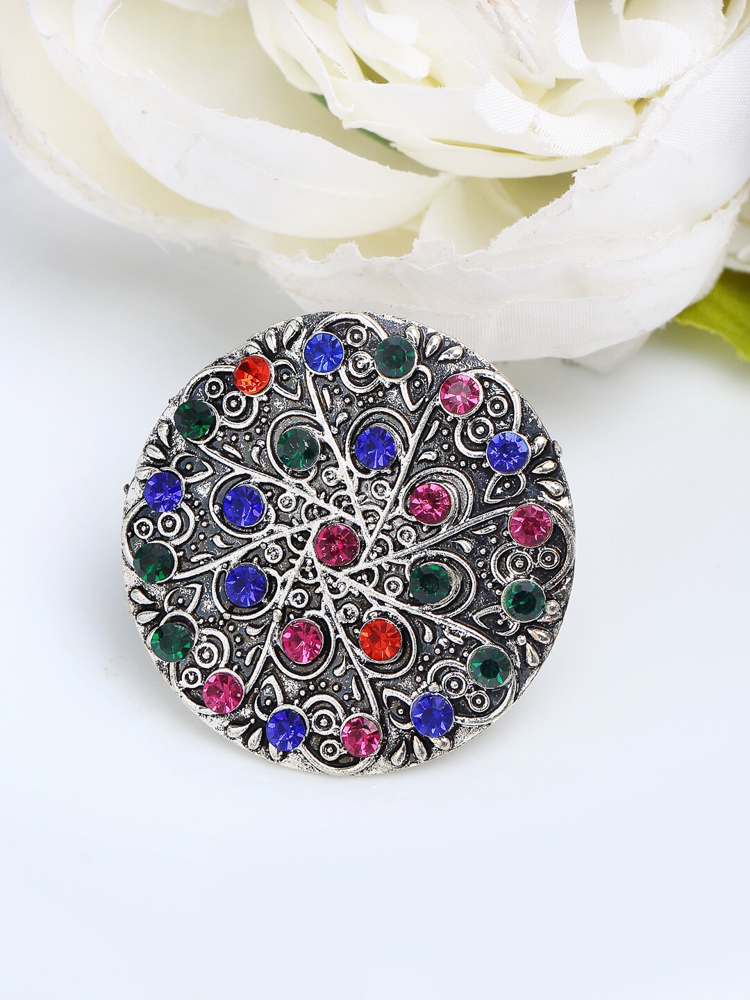 

YouBella Silver-Plated Blue & Orange Stone-Studded Afgan Adjustable Finger Ring