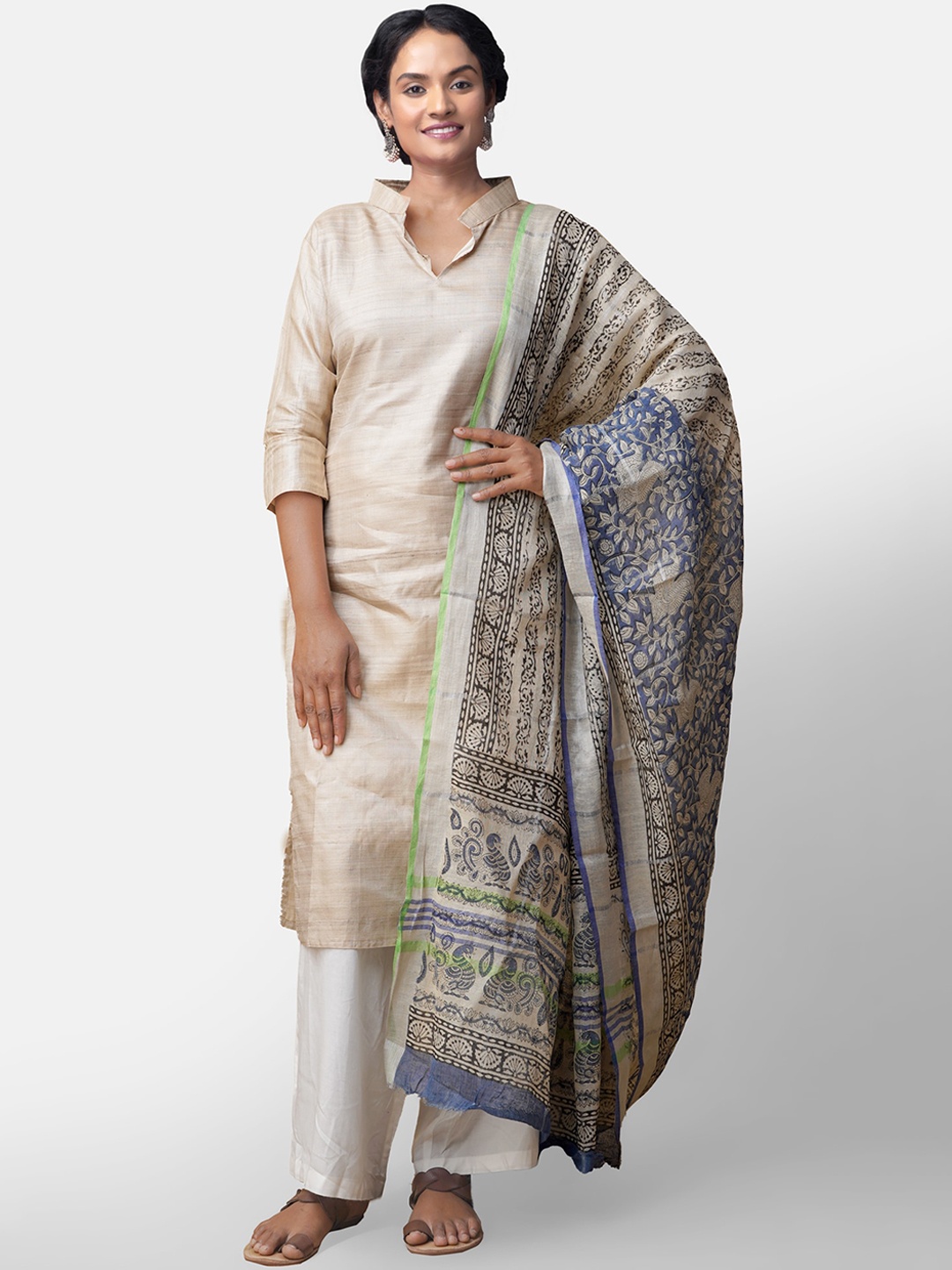 

Unnati Silks Cream-Coloured & Tan Printed Dupatta