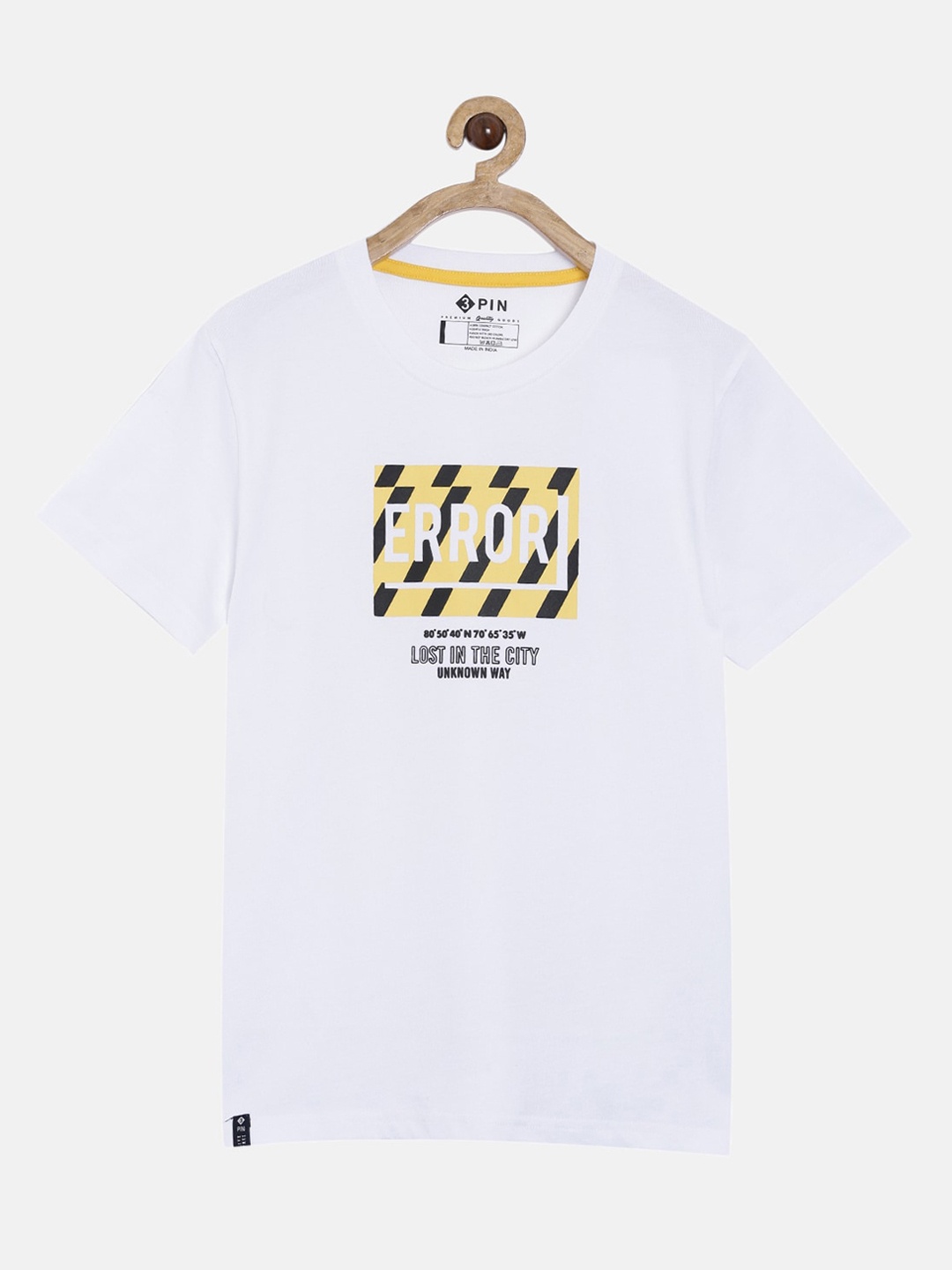 

3PIN Boys White Yellow Printed Round Neck Pure Cotton T-shirt