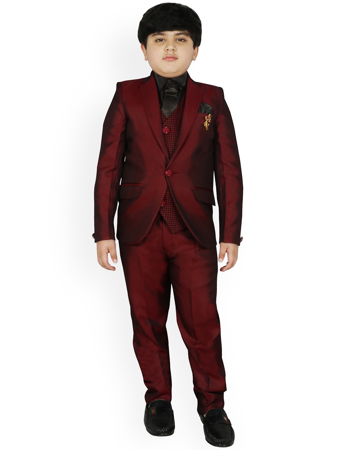 

SG YUVRAJ Boys Maroon Solid Single-Breasted 5-Piece Party Suit