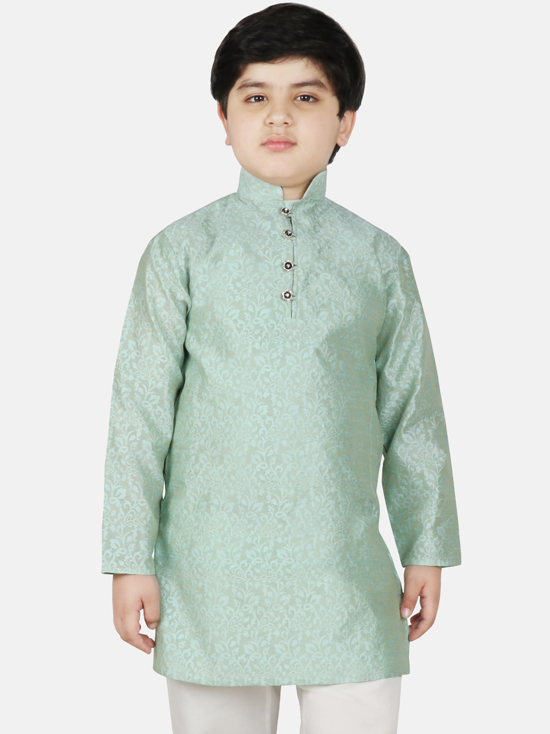 

SG YUVRAJ Boys Turquoise Blue Paisley Printed Satin Brocade Satin Kurta