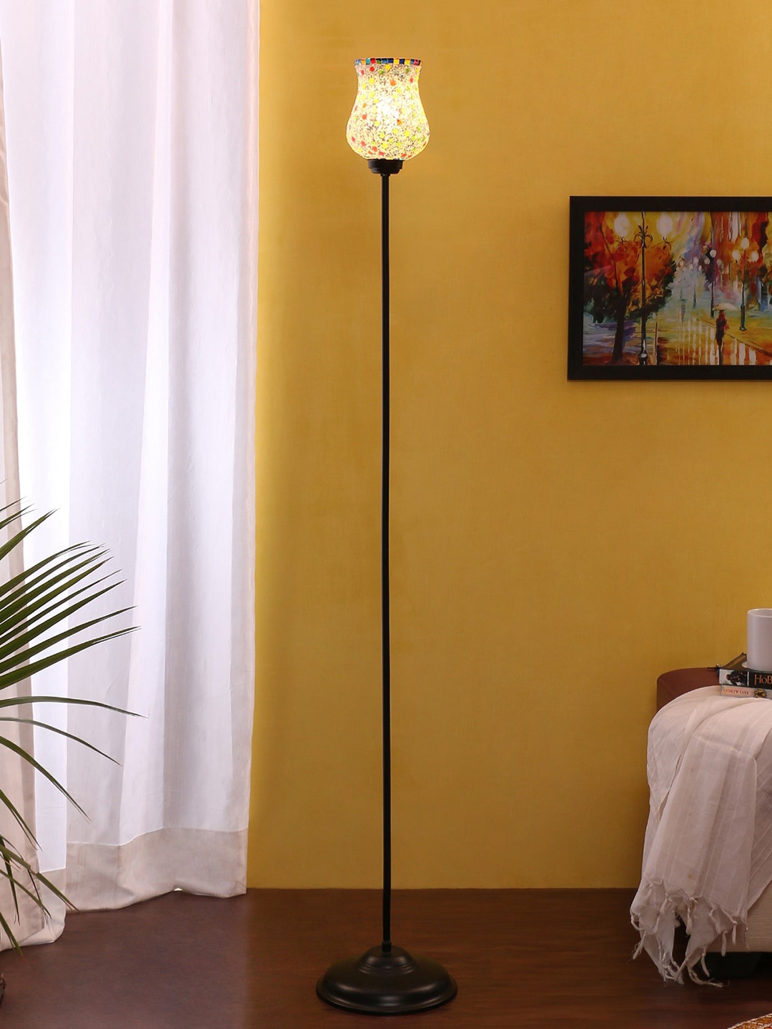 

Devansh White & Blue Textured Traditional Torchiere Lamp with Shade