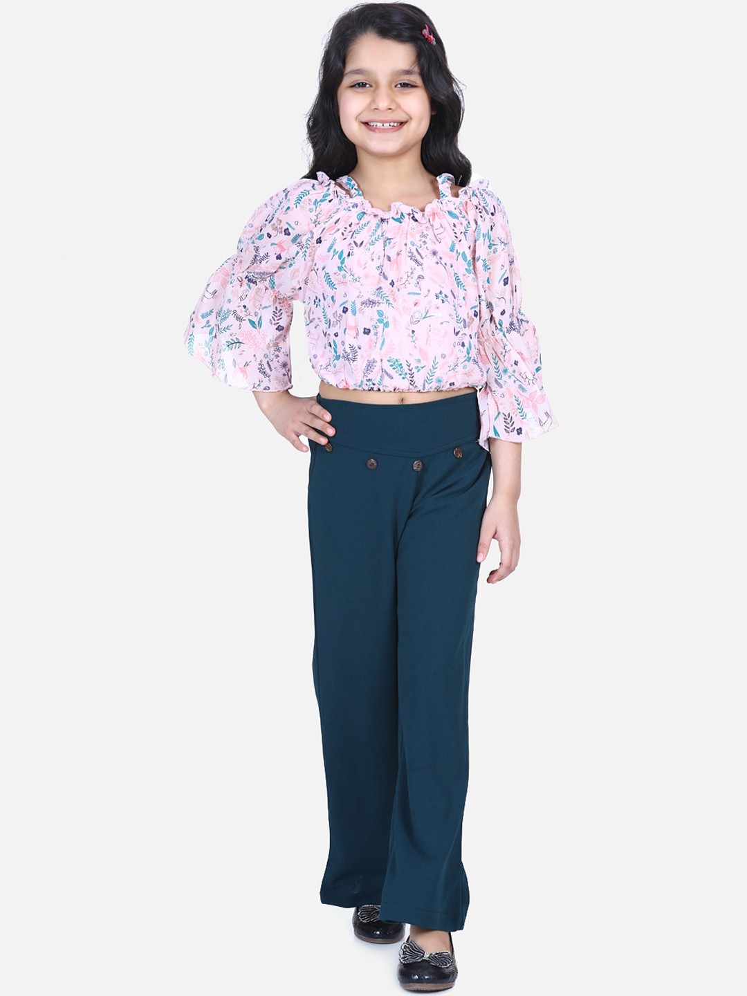 

LilPicks Girls Pink & Green Printed Top with Trousers