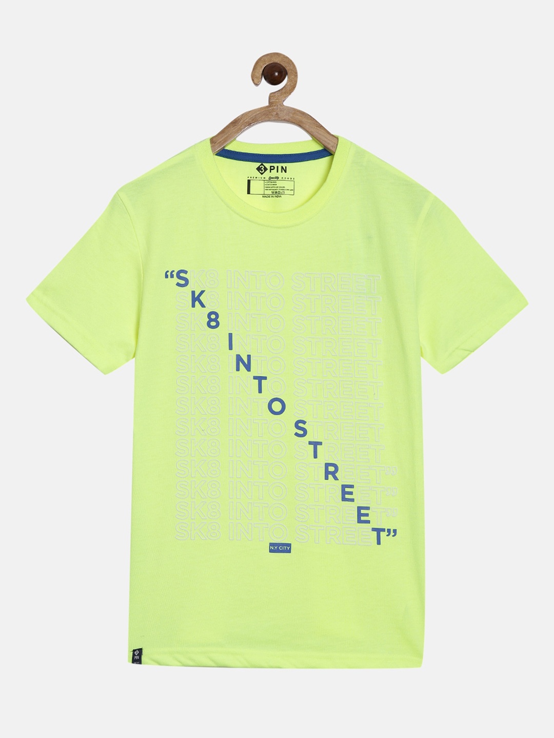 3PIN Boys Fluorescent Green Printed Round Neck T-shirt