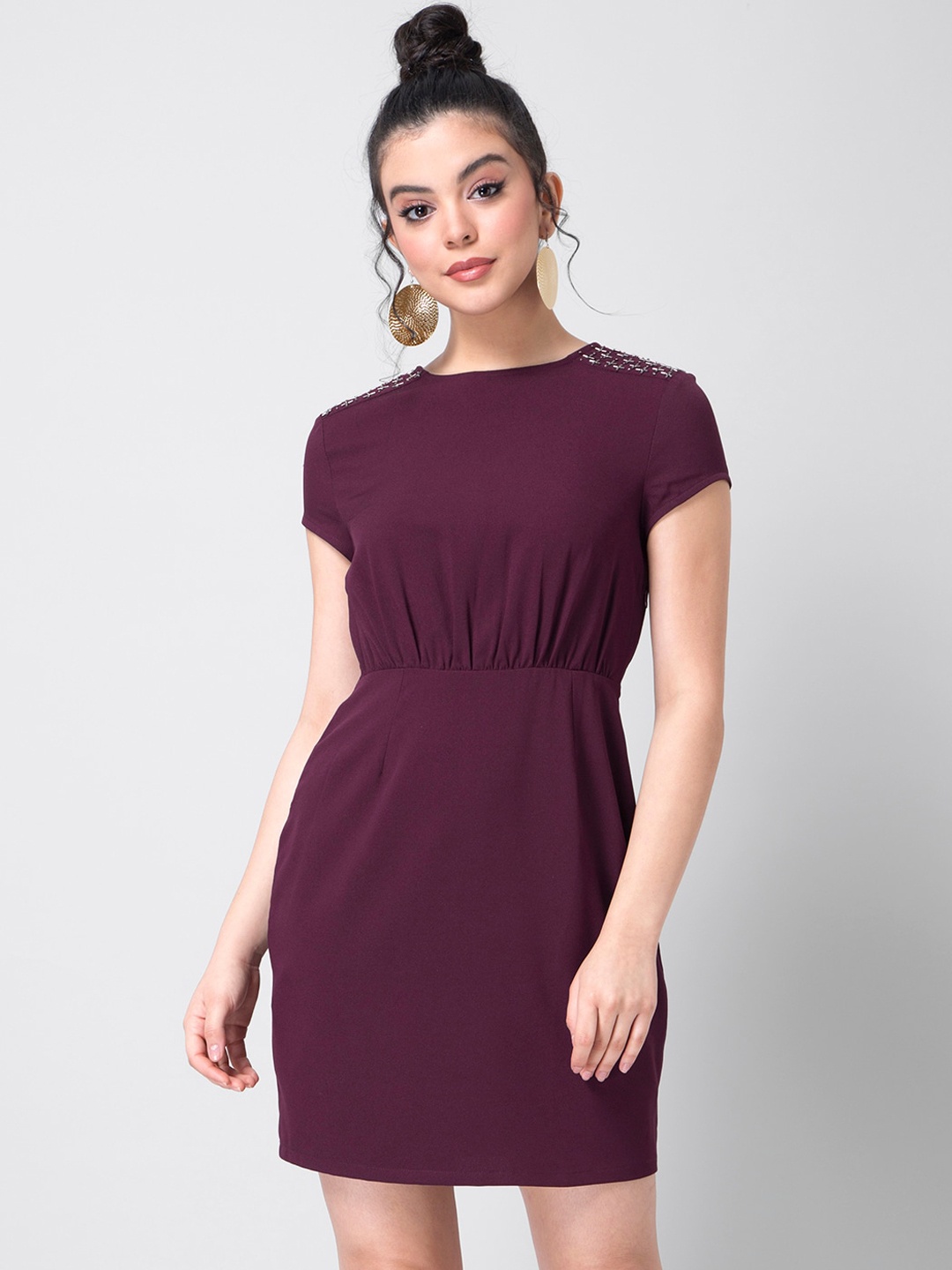 

FabAlley Women Burgundy Solid Sheath Dress