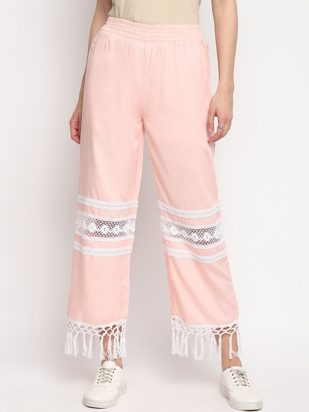 

OTORVA Women Rayon Peach-Coloured & White Straight Fit Self Design Parallel Trousers