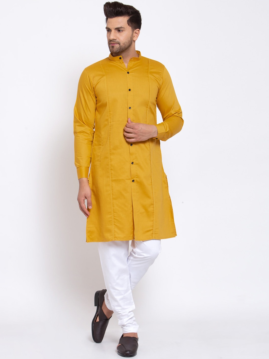 KLOTTHE Band Collar Cotton Straight Kurta, Yellow