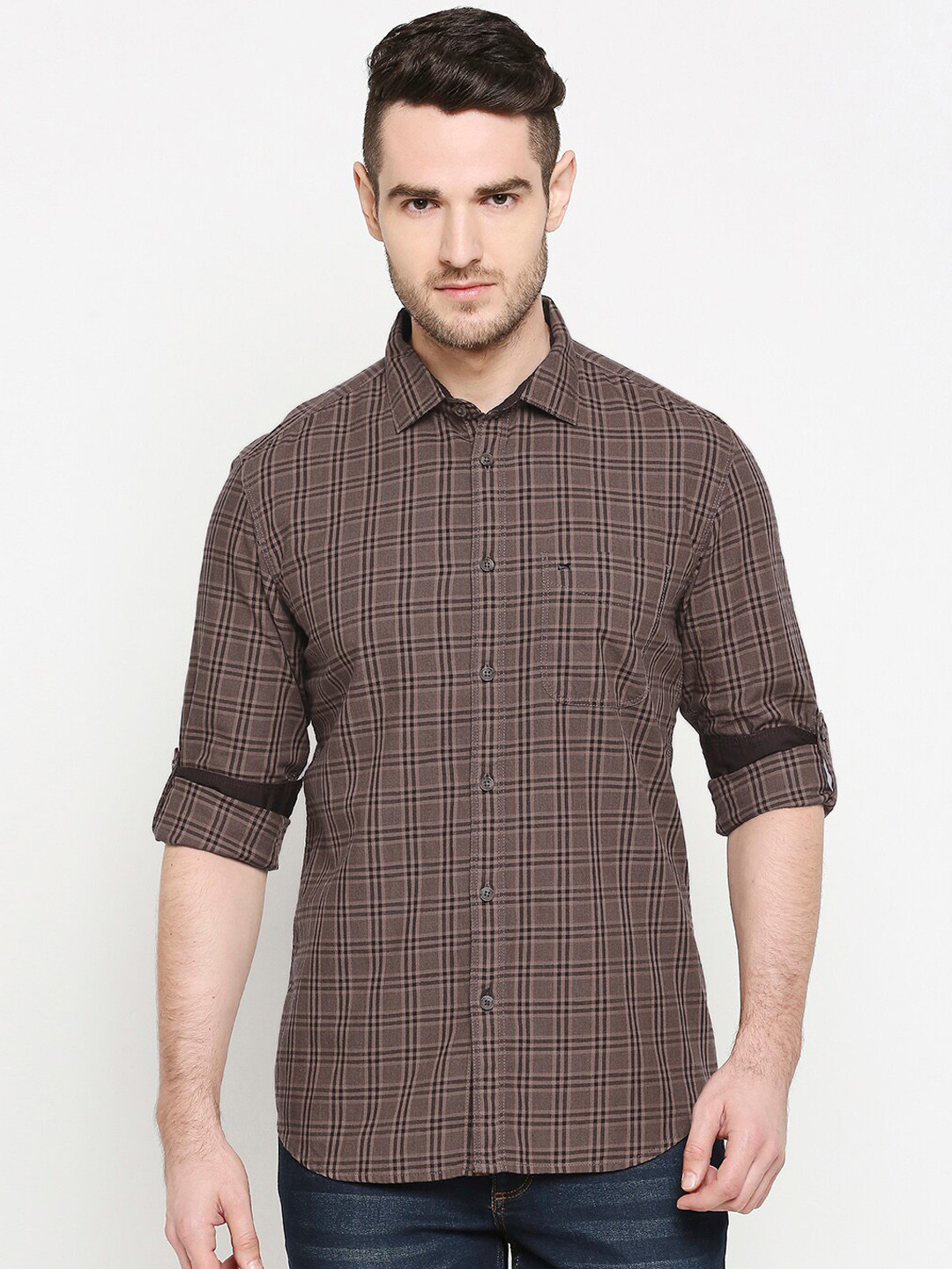 

Basics Men Brown & Black Slim Fit Checked Casual Shirt